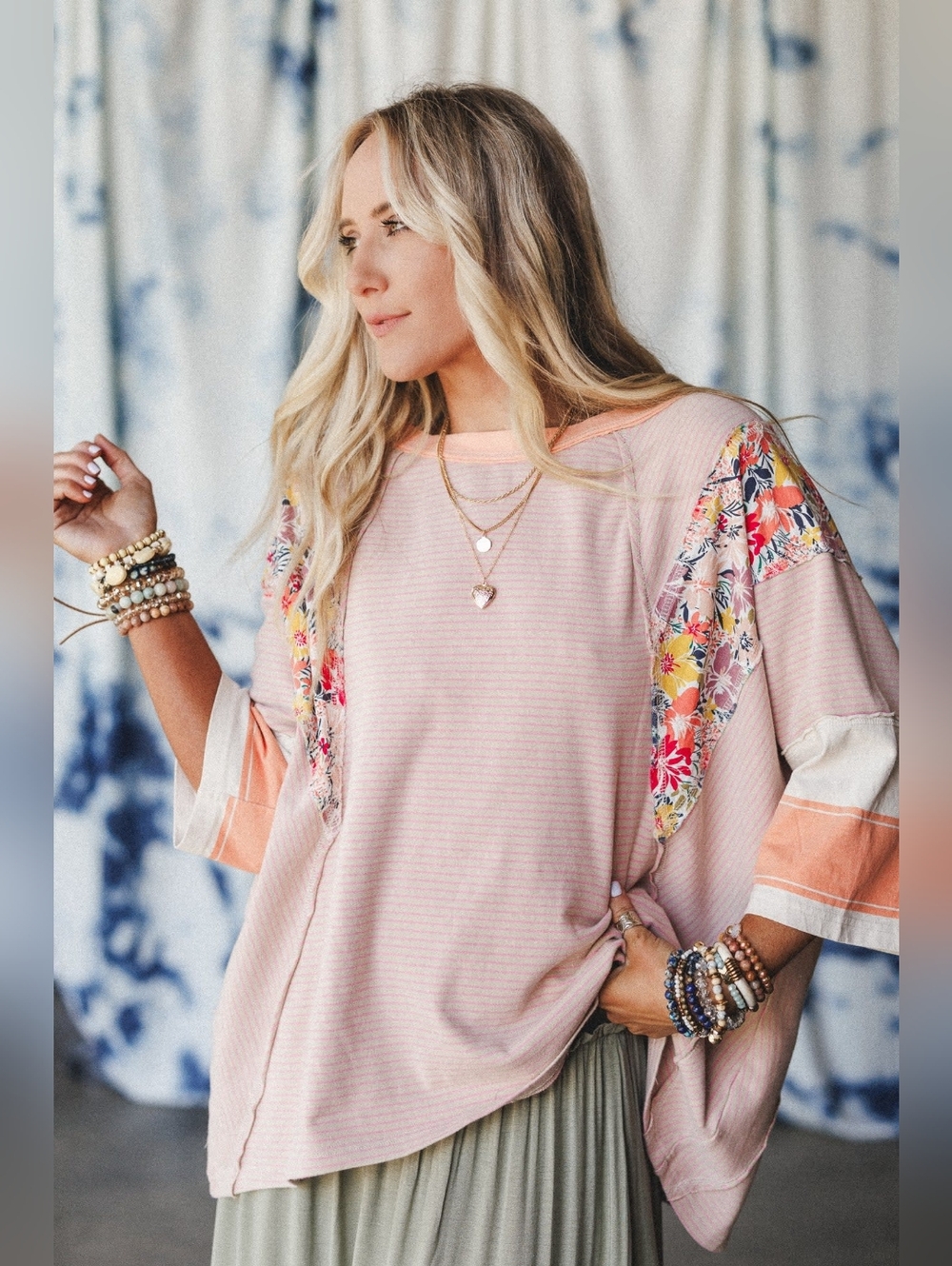 easel Floral Patchwork Tunic with Peach Trim